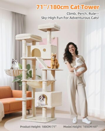 Дерев'яний кігтеточки Taoqimiao MS026W (Бежевий, 180 см) з 2 будиночками, гамаком та 8 кігтеточками