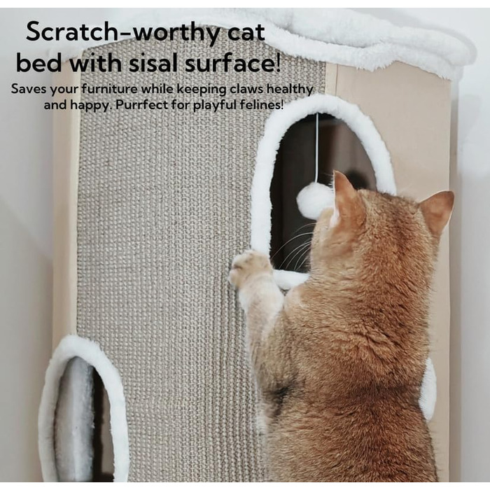 Spindro Cat Cave Cat Bed Large, Cat House Indoor Cat Sleeping Place with Removable Sherpa Cat Cushion and Hanging Toy, Cat Bed, Light Grey 42x42x33cm (4 level (42cmx32cmx84cm), Grey)