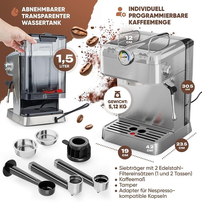 Кавоварка еспресо ProfiCook PC ES 1267, 20 бар, для меленої кави та капсул Nespresso, з італійською помпою, напівавтоматична, портфільтр