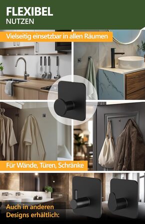 Набір тримачів для рушників 4smile (6 шт.) без свердління, з нержавіючої сталі, чорний. Самоклеючі гачки для ванної кімнати, висока вантажопідйомність.