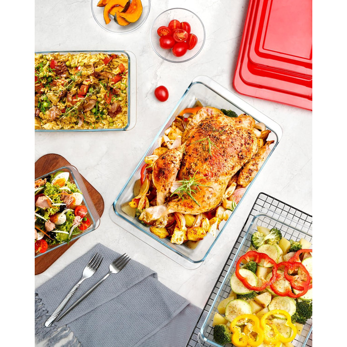 Set of 4 Glass Casserole Dishes with Lids, 1+1.7+2.8+4.2L - Lasagna Dish for Oven (NOT THE LID), Rectangular, Glass Storage Containers with Plastic Lid Rectangular with Lid - 1+1.7+2.8+4.2L