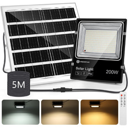 Aigostar Solar LED Floodlight Outdoor with Large Solar Panel, 5m Cable, Dimmable 3000K/4500K/6500K, 8000mAh, Large Battery Capacity, IP66, Solar Lamps for Outdoors, Gardens, Solar Light with Remote Control (16000mAh, 5M Cable)
