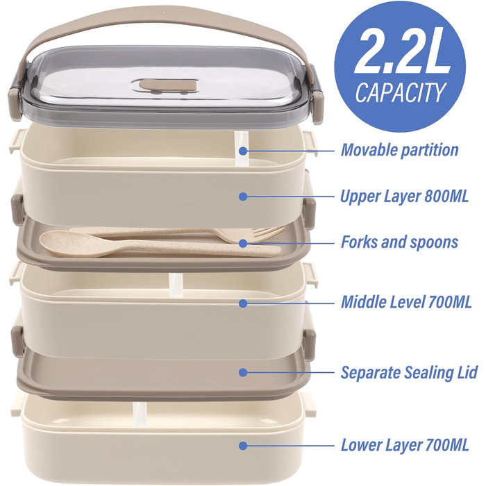 Ланчбокс Brotdose 3-х ярусний на 2200 мл з посудом, для дорослих, без BPA, підходить для мікрохвильової печі, бежевий