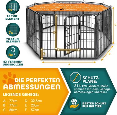 ТресКо® Вольпенlaufstall: Клітка-забіг для цуценят 60 см, з дахом та анкерами | 8-секційна клітка для собак | Складана клітка для собак з дверцятами | Збірка без інструментів | Клітка для тварин, стійка до погодних умов (77 x 80 см)