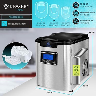Машина для приготування льоду KESSER® з нержавіючої сталі, 150W, 12 кг/24 год, 3 розміри кубиків, таймер, LCD-дисплей, аксесуари