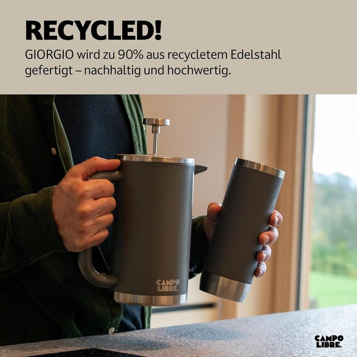 Френч-прес Campo Libre® Giorgio з нержавіючої сталі 0,6л (600мл) | З термофункцією, без пластику, з фільтром | Екологічний, з переробленої сталі, колір Мох