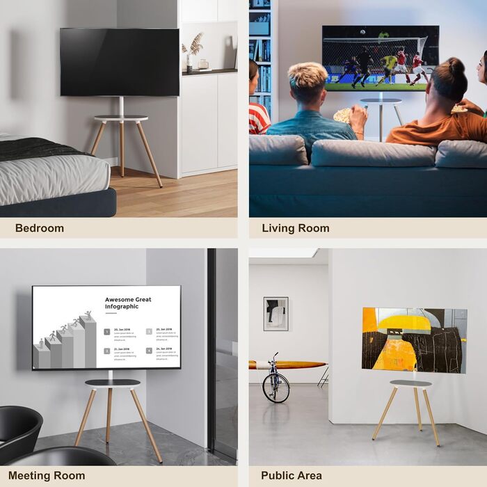 Підставка для телевізора 43-65 дюймів: регульована, поворотна, з дерев'яною полицею, VESA 400x400 мм, мінімалістичний дизайн (білий + бук)