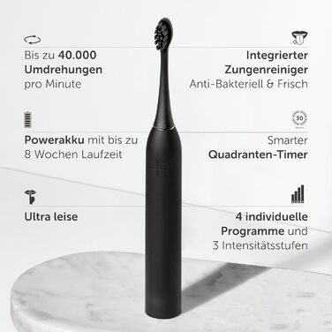 Електрична зубна щітка Wondersmile PRO - Тест-переможець 2025 - 100 днів без ризику - TÜV-сертифікована, 4 режими, акумулятор 60 днів, смарт-насадка, 1 шт. (Ultimate Black Bundle)