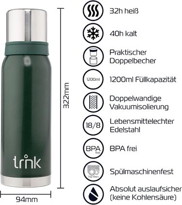 Термос Outdoor Arktis 2 - 1200 мл, нержавіюча сталь, BPA-free, 32 год, 2 стаканчики, для активного відпочинку, зелений