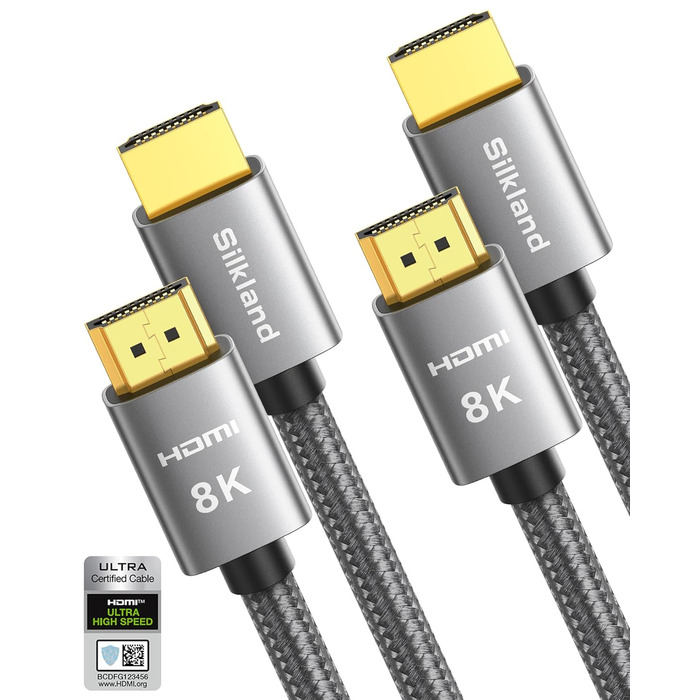 HDMI 2.1 кабель Silkland 8K з підтримкою eARC, 48Gbps, для PS5, Fire TV, HDTV, Laptop (1м, 2 шт.)