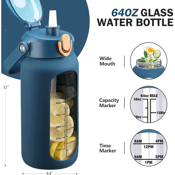 2L Glass Water Bottle with 2 Lids Flip and Go Lid 2 Liter Large Water Jug with Time Marker and Silicone Sleeve BPA-Free Leakproof for Sport Gym, Dark Blue
