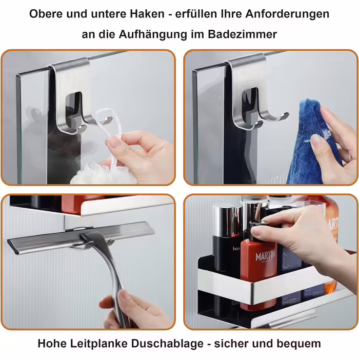 Cooeco Shower Shelf for Hanging - No-Drill Shower Shelf Stainless Steel Hanging Shower Caddy for Glass Shower Enclosure without Drilling, Shower Shelf Shampoo Holder with Hooks for Frameless Glass Shower Door