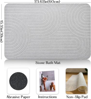 Amilutuo Badematte Stein, Diatomite Stone Bath Mat, Non-Slip Stone Bath Mat, Quick-Drying Stone Bath Mat (LightGrey B, 60 x 39 cm) Lightgrey B 60 x 39 CM