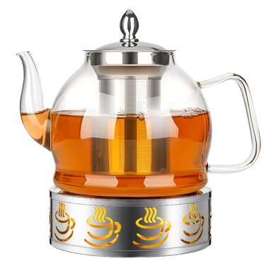 Скляний чайник із боросилікатного скла з підставкою-підігрівачем та сталевим ситом, термостійкий, 1.2 л