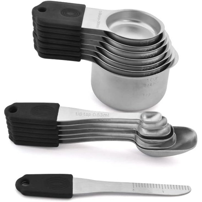 Magnetic kitchen collection of 14 measuring cups and spoons set made of stainless steel for dry and liquid ingredients, dishwasher safe, rust-proof, imperial and metric (black color)