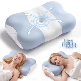 Ергономічна подушка для шиї VYLEE з ефектом пам'яті (Memory Foam), форма-метелик для сну на боці, спині та животі, 55.5 x 31 см, синьо-біла