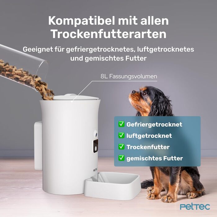 PetTec Pet Cam Buddy: Автоматичний годівниця з камерою для котів та собак, 8л, з Wi-Fi, App-керуванням, 2-Way аудіо, розпізнаванням гавкіту та нічним баченням