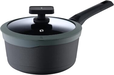 Каструля MasterPRO Gastro Reeco 16/8 см з кришкою, Heatdot, з переробленого алюмінію, антипригарне покриття, Soft Touch ручка, 1.3 л, чорна