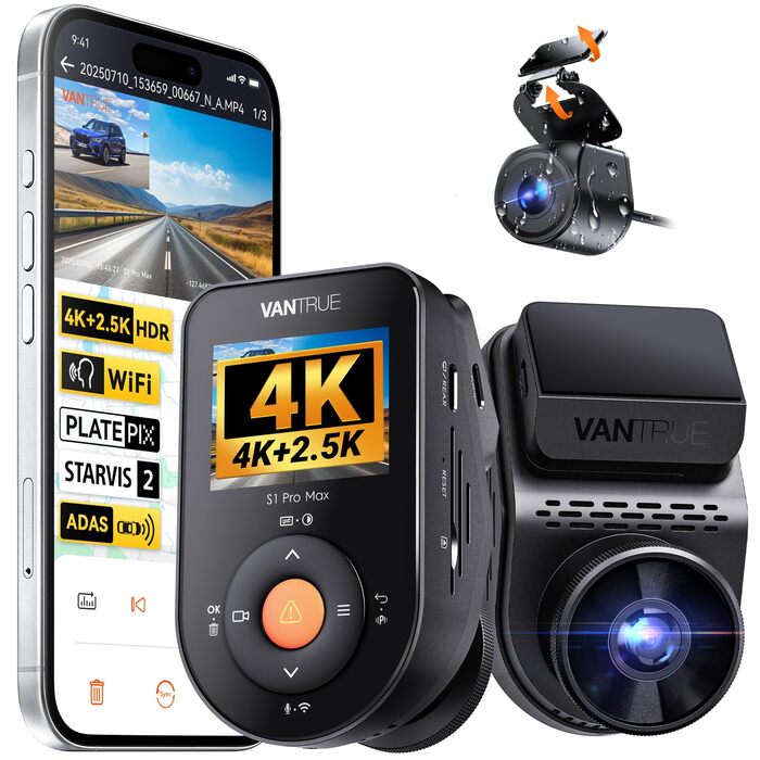 Автомобільний відеореєстратор VANTRUE S1 PRO MAX 4K + 4K Dual Dashcam з нічним баченням STARVIS 2, HDR, GPS, 5.8GHz WLAN, 24Год режим паркування, ADAS, підтримка LTE та карт пам'яті до 1ТБ