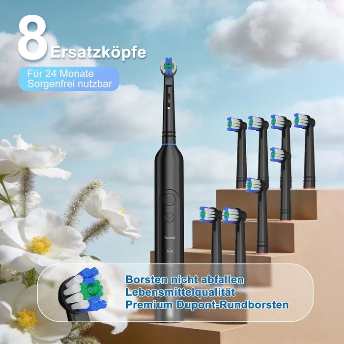 Електрична зубна щітка Rotierende для дорослих з 8 насадками, 3 режимами чищення, акумулятором до 50 днів та Smart-таймером 2 хв - Чорна