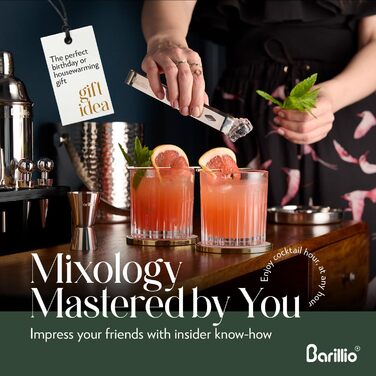 Набір бармена Barillio: шейкер, міксер, мадлер з нержавіючої сталі та бамбукового підставки – інструменти для приготування коктейлів, аксесуари для домашнього бару (сріблястий, чорний бамбук, нержавіюча сталь)