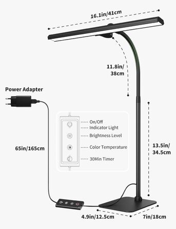 Стійка LED-лампа Kary з регулюванням яскравості, 40 см, 12 Вт, для офісу, роботи, читання, догляду за очима, дітям, 5 рівнів регулювання, 5 кольорів, таймер на 60 хвилин, чорна
