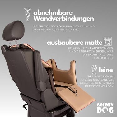 Автомобільний лежак для собак Golden Dog - безпечний транспортувальний бокс з ременями безпеки, 52x44x33 см, коричневий, з водонепроникної шкіри