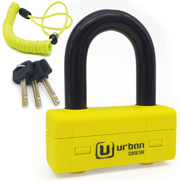 Замок для мотоцикла URBAN UR75, дисковий, високий рівень захисту, SRA сертифікат, міні U-подібний, 18 мм, універсальний 67x46 мм, жовтий