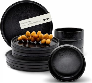 Igunja Stoneware Dinnerware Set - 12 Piece Set for 4 People | Reactive Glaze | Matte Black Dinner Set (Handmade, Premium Quality)