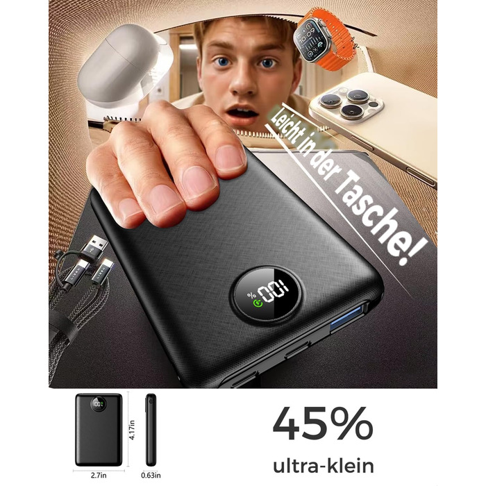 Портативний зарядний пристрій Power Bank 20000mAh з LED дисплеєм, USB-C, PD 3.0, QC 3.0, чорний