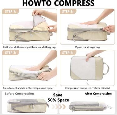 Набір органайзерів для валізи POWZOO (8 шт.) - компресійні кубики для одягу та взуття, бежевий