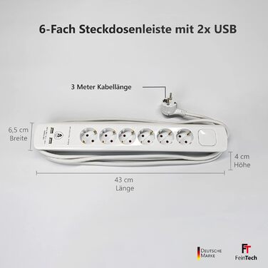 Розподільник розеток FeinTech MD000632 6-fach з USB, захистом від перенапруги, 3680 Вт, білий (6 розеток, 3 м кабель)