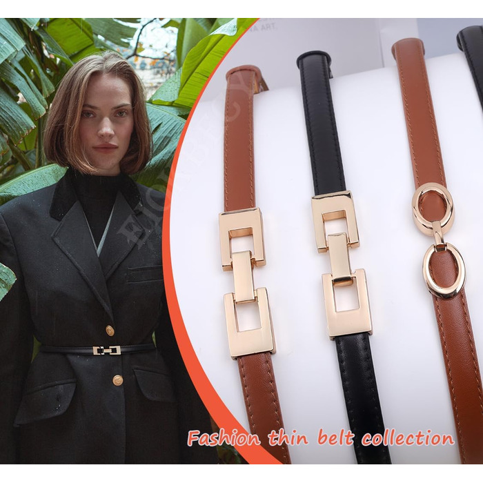 2 жіночі шкіряні ремені Skinny: чорний + білий (чорний + коричневий). Вузький тасьовий ремінь з золотою пряжкою для суконь та пальто.
