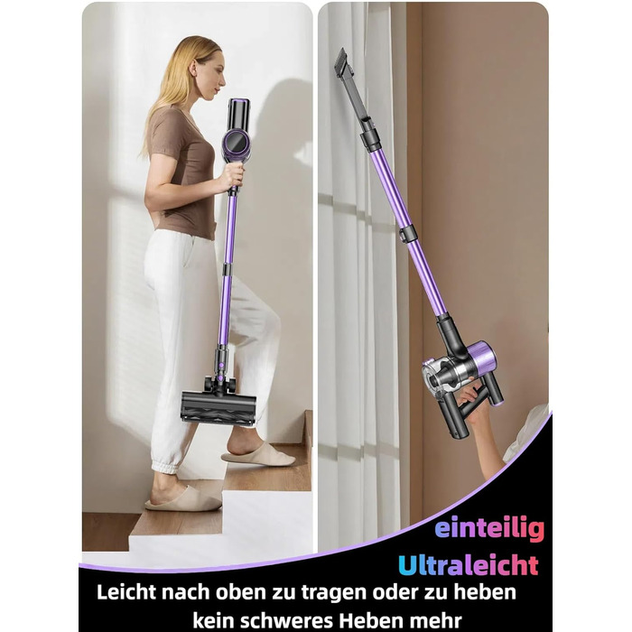 Бездротовий акумуляторний пилосос 45000 Па/500 Вт/45 хв з LED-дисплеєм та щіткою проти намотування, висувний шланг 73 см для твердих поверхонь, килимів, шерсті тварин, фіолетовий