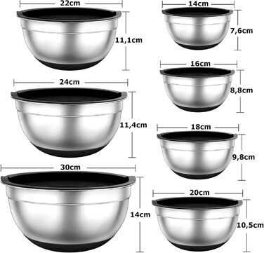 TEAMFAR Mixing Bowl Set of 7, Stainless Steel Bowl Salad Bowl Set with Airtight Lids and Silicone Bottom, Nesting & Dishwasher Safe, 0.7L / 1.2L / 1.5L / 2.5L / 2.8L / 3.5L / 6.5L, black