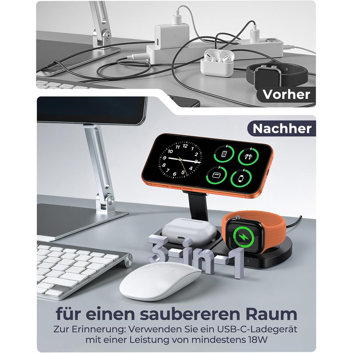 Бездротова зарядка Induktive для iPhone 17 Air/16/15/14/13/12, 3-в-1 з підтримкою MagSafe, Apple Watch та AirPods, чорний матовий