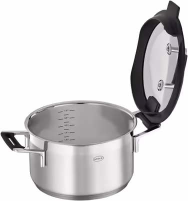 RÖSLE SILENCE PRO Cooking Pot, High-quality universal pot made of stainless steel 18/10, 24 cm, glass lid, internal scale, induction-compatible, dishwasher-safe, Silver/Black Ø 24 cm Cooking Pot