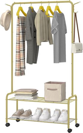 Clothes rack with 2-tier shelf, 3-in-1 design, clothes rack with 4 wheels, coat rack with 4 hooks for bags, Gold GR07499A