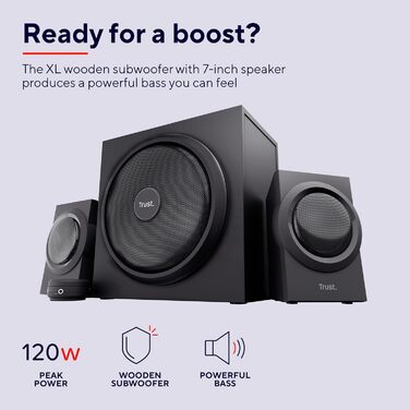 Акустична система Trust Yuri 2.1 для ПК з сабвуфером, 120 Вт, чорний, сучасний дизайн