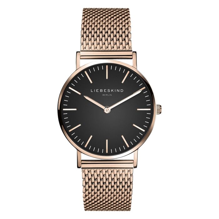 Годинник жіночий Liebeskind Berlin – круглий кварцовий, 34 мм – сітчасте браслет – 5 ATM водостійкий – сучасний та елегантний – у різних кольорах (рожеве золото / чорний)