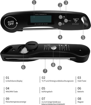 Цифровий термометр для м'яса DOQAUS: гриль, приготування їжі, кухня. Швидке зчитування, довга сонда, LCD-дисплей.