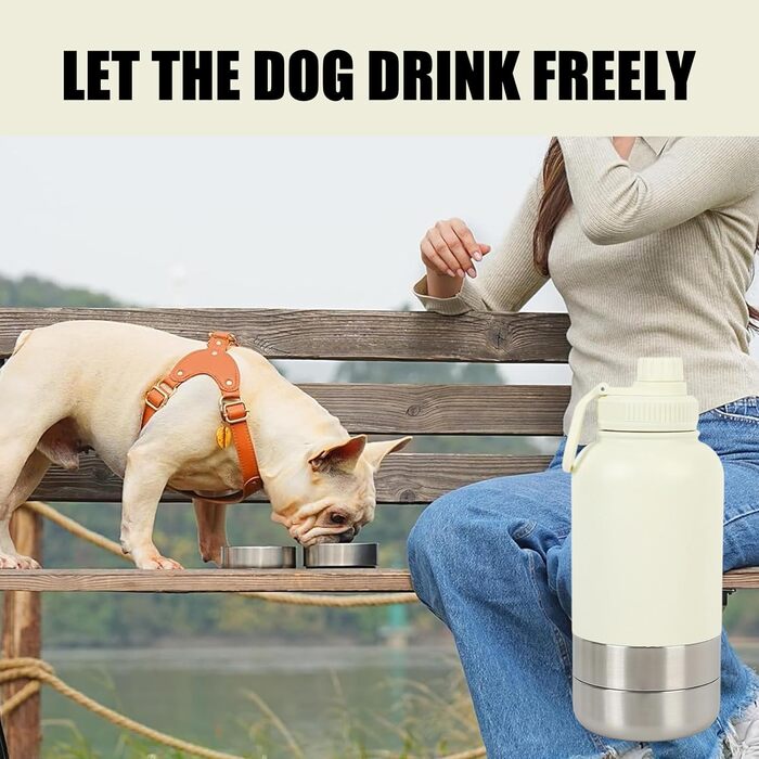 Водяна пляшка для собак Pets 950мл з мискою та ручкою, ізольована, нержавіюча сталь, BPA-free, для подорожей та прогулянок (кремово-білий, L)