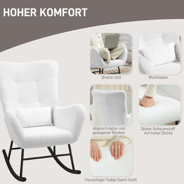 HOMCOM Rocking Chair, Rocking Armchair with Teddy Fabric Look, Armrests, Still Chair with Wooden Runners, Lumbar Pillow, Recliner with Side Pocket for Living Room, Bedroom, White | Aosom