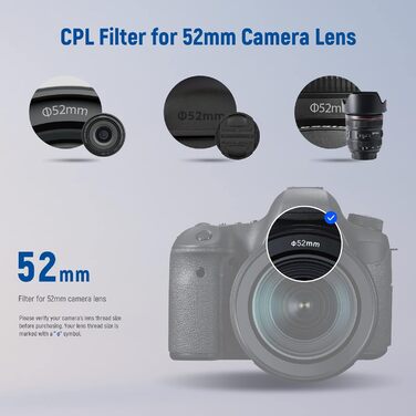 NEEWER Поляризаційний фільтр (Полярізатор) CPL, 52mm, з 30-шаровою плівкою, зменшує відблиски та покращує контраст