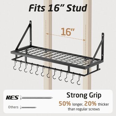 Kitchen Utensil Holder, Pan Holder, Kitchen Shelf, Kitchen with 12 Hooks, Hanging Shelf, Spice, Pan Shelf, Wall Shelf, Kitchen Rail, 75CM Wall Mount, Matte Black, KUR215S75A-BK