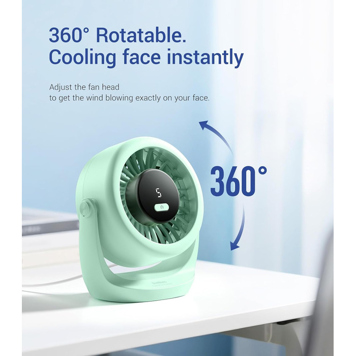 USB Turbo вентилятор для столу TurboBreeze (зелений): тиха робота, LED-дисплей, 5 швидкостей, 360° обертання, портативний