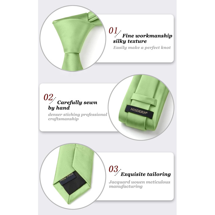 HISDERN Комплект краваток для чоловіків: краватка, нагрудна хустинка та краватки-кліпса. Класичний однотонний дизайн, світло-зелений, для святкових заходів та весіль.