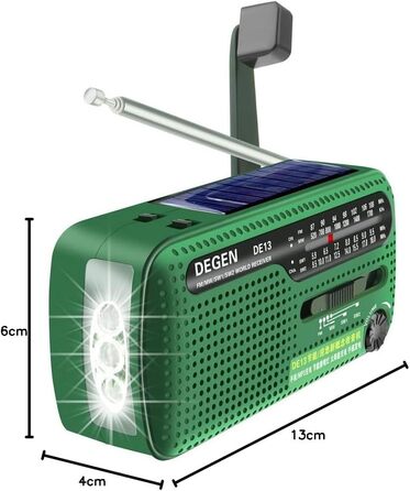 Приймач Degen DE13 FM/AM/SW з сонячною панеллю, ліхтариком, SOS-сигналом та зарядкою для телефону. Зелений