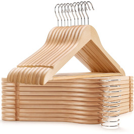 Amber Home 30-Piece 17.5-inch Natural Wooden Clothes Hangers with Bar and Notch, Sturdy Hanger for T-Shirt, Shirt, Suit, Coat, Dress, Wedding, Camisole