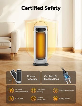 Електричний обігрівач PTC керамічний 1500W з пультом, 4 режими, осциляція 110°, таймер 1-10 год, захист від перегріву та перекидання. Компактний обігрівач для дому (сріблястий)